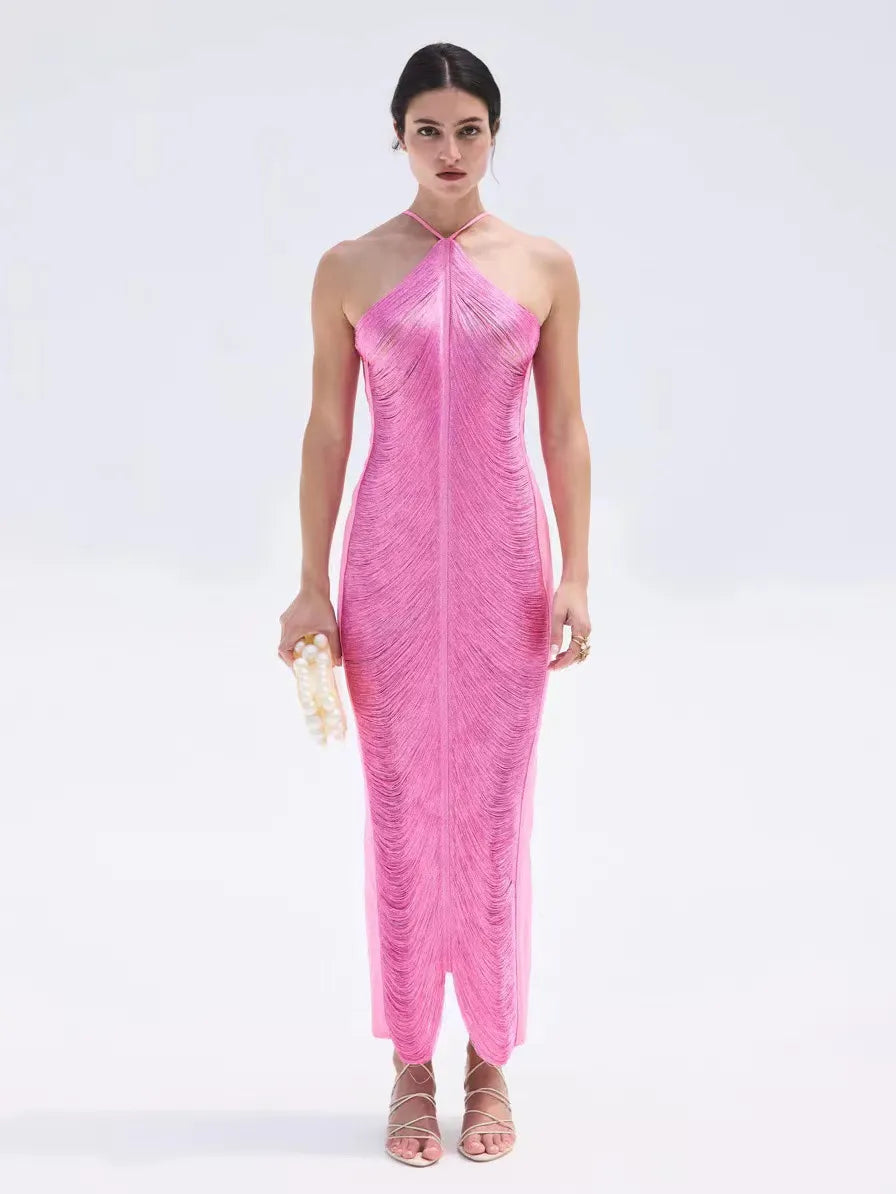 Isabel – asymmetrische maxi-jurk met franjes en delicate dubbele bandjes