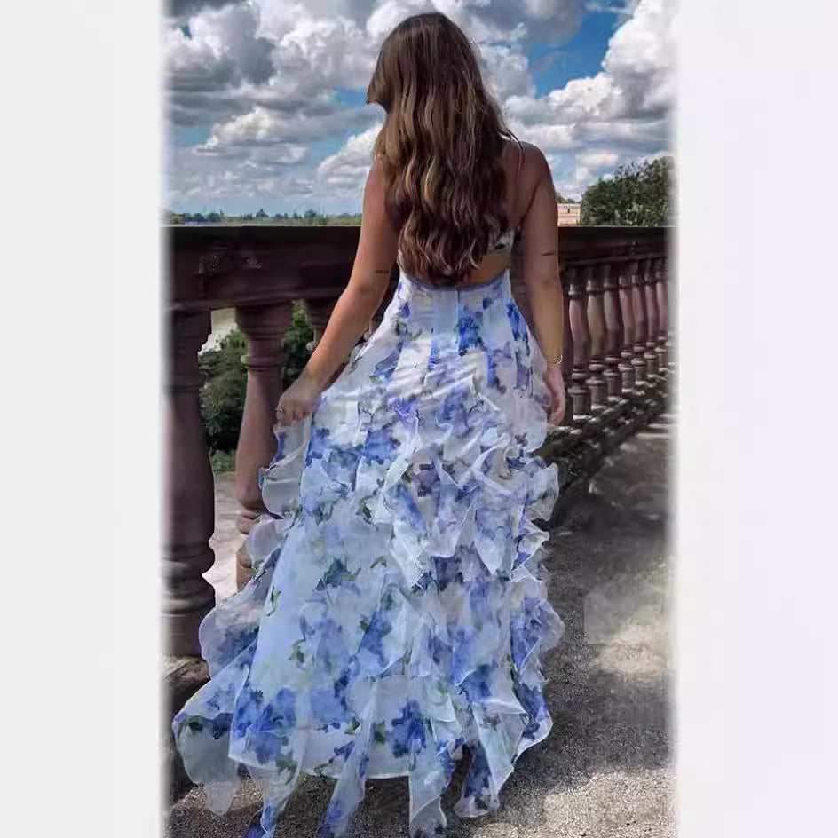 Fleur – Delftsblauwe Print Maxi Jurk Met Ruffles En V-hals