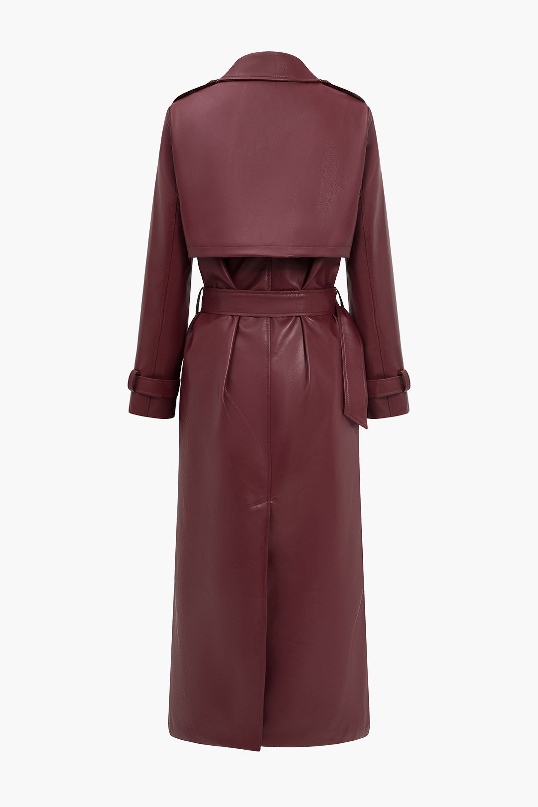 Crimson – faux leren trenchcoat in bordeaux met ceintuur en zakken