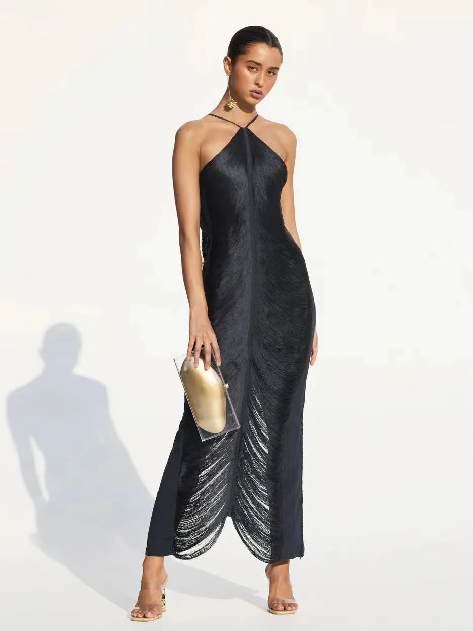 Isabel – asymmetrische maxi-jurk met franjes en delicate dubbele bandjes