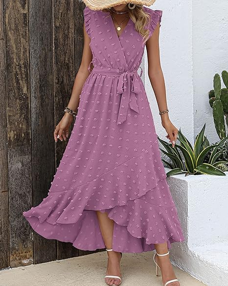 Elena – V-hals Maxi zomer jurk met ruches en strikceintuur in de taille
