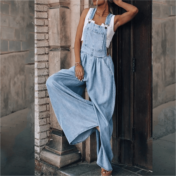 Romy – Denim Zomer Tuinjumpsuit Met Wijde Pijpen