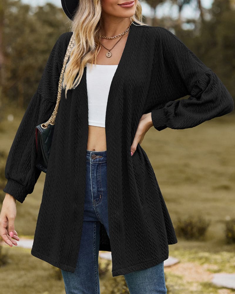 Linde – gebreide dames cardigan-vest met textuur en lanternmouwen