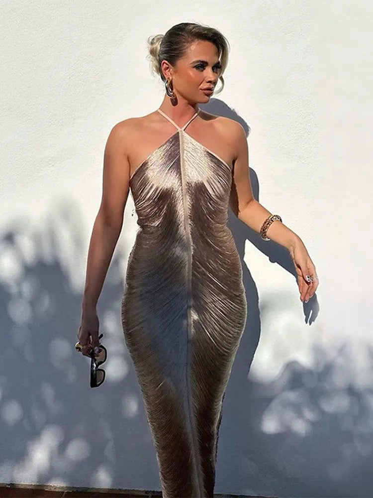 Isabel – asymmetrische maxi-jurk met franjes en delicate dubbele bandjes