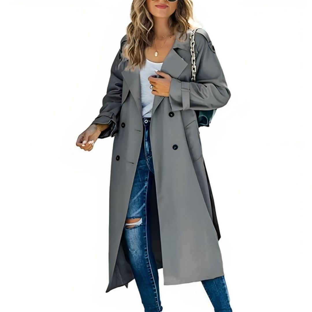 Alicia – lange trenchcoat met dubbele knopen en klassieke snit