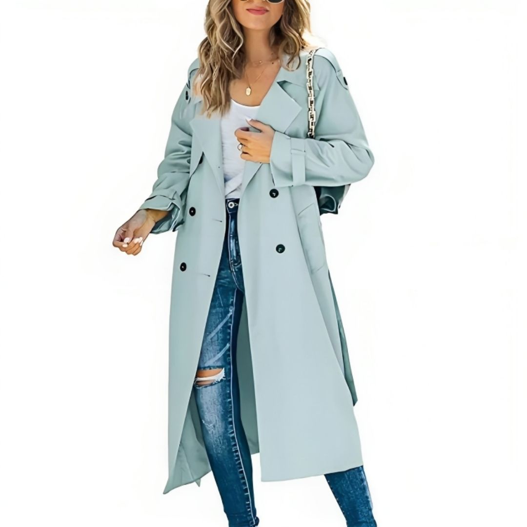 Alicia – lange trenchcoat met dubbele knopen en klassieke snit