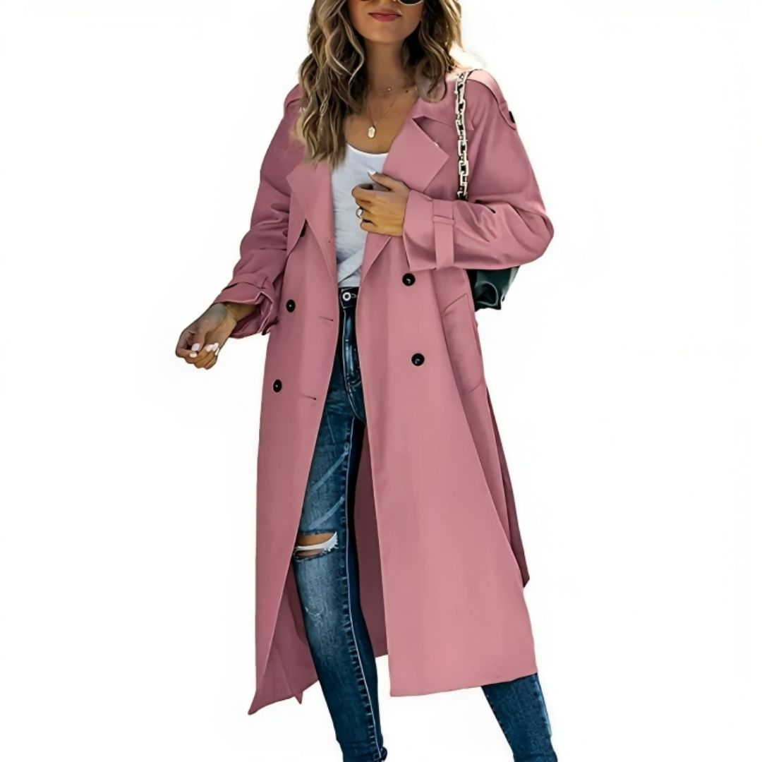 Alicia – lange trenchcoat met dubbele knopen en klassieke snit
