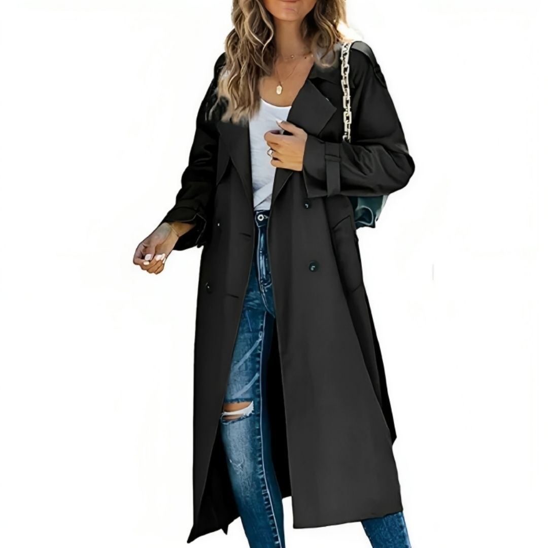 Alicia – lange trenchcoat met dubbele knopen en klassieke snit