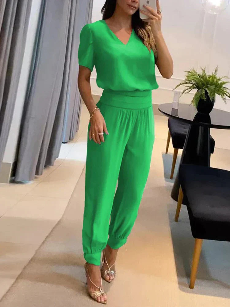 Amelia - Luchtige Zomerset Met V-hals Top En Broek Met Elastische Taille
