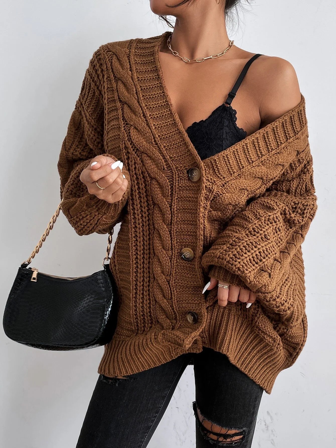Hearthside – oversized cable knit vest met knopen en verlaagde schouders