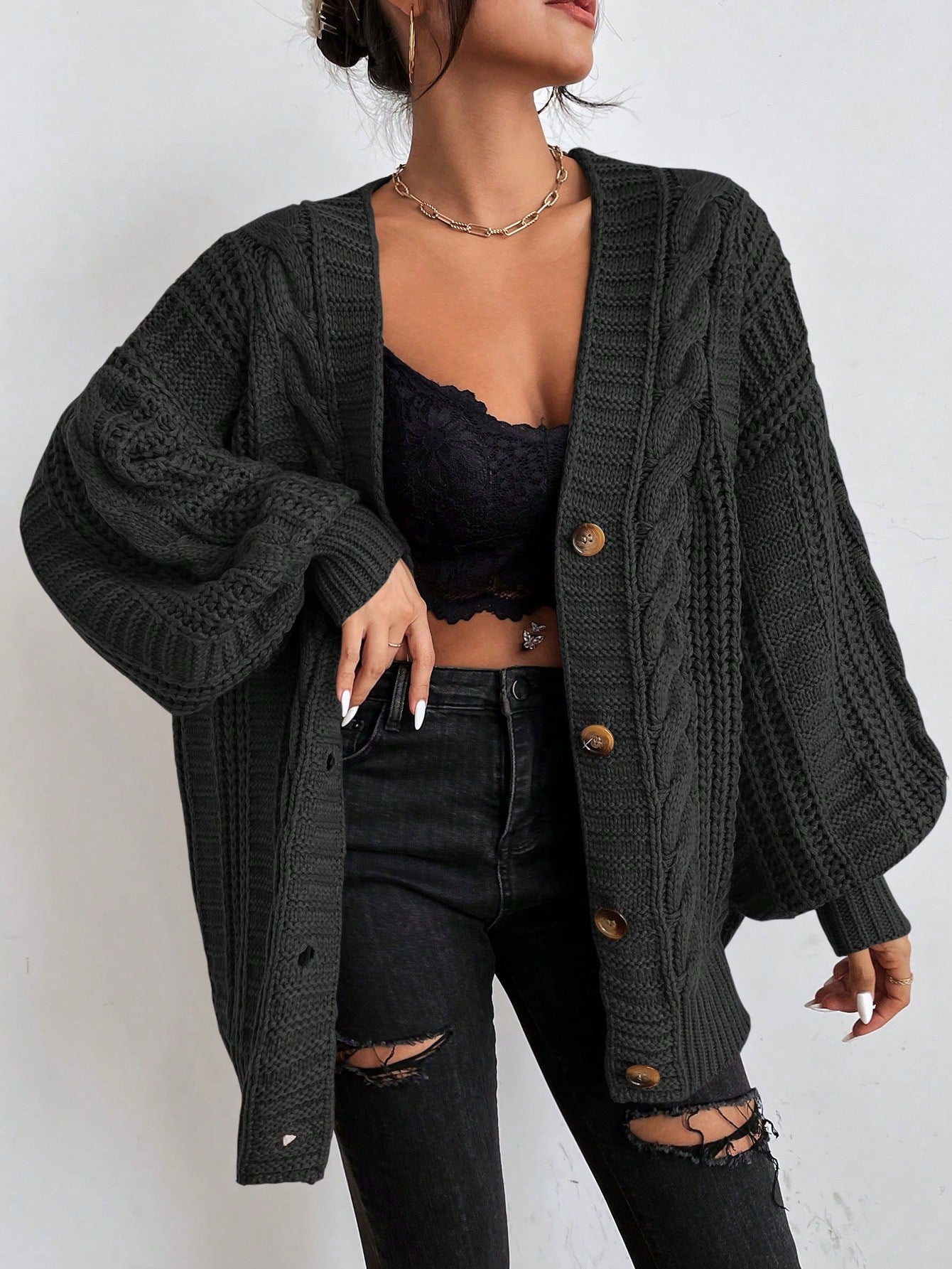 Hearthside – oversized cable knit vest met knopen en verlaagde schouders