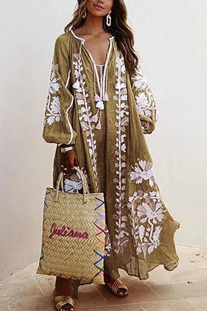 Elena – Oversized Boho Maxi Jurk Met Bloemenprint En V-hals