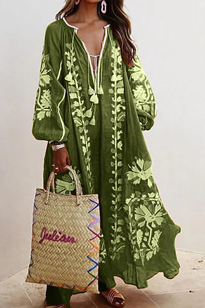 Elena – Oversized Boho Maxi Jurk Met Bloemenprint En V-hals