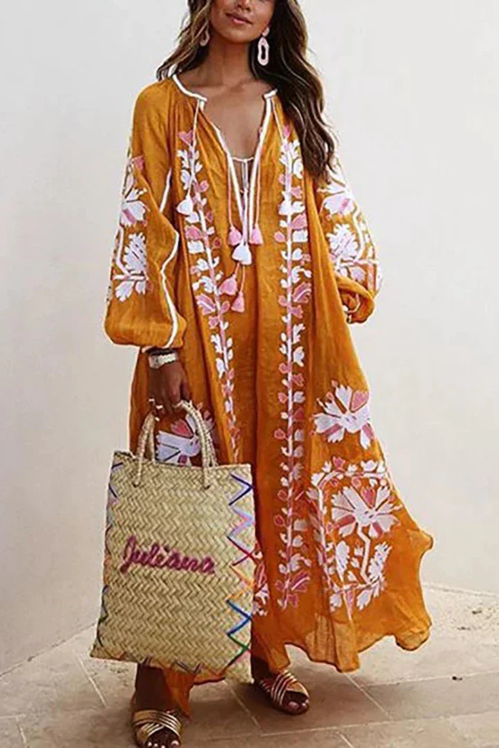 Elena – Oversized Boho Maxi Jurk Met Bloemenprint En V-hals
