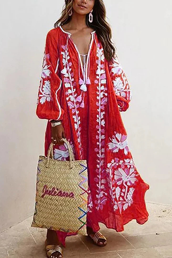 Elena – Oversized Boho Maxi Jurk Met Bloemenprint En V-hals