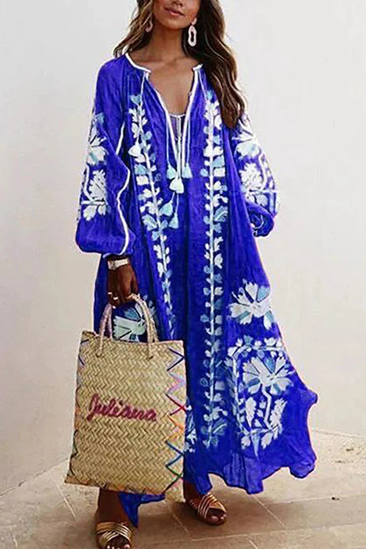 Elena – Oversized Boho Maxi Jurk Met Bloemenprint En V-hals