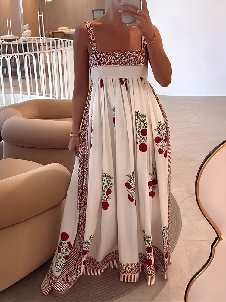 Sophie – Rosa Bloemenprint Maxi Jurk met Vierkante Halslijn