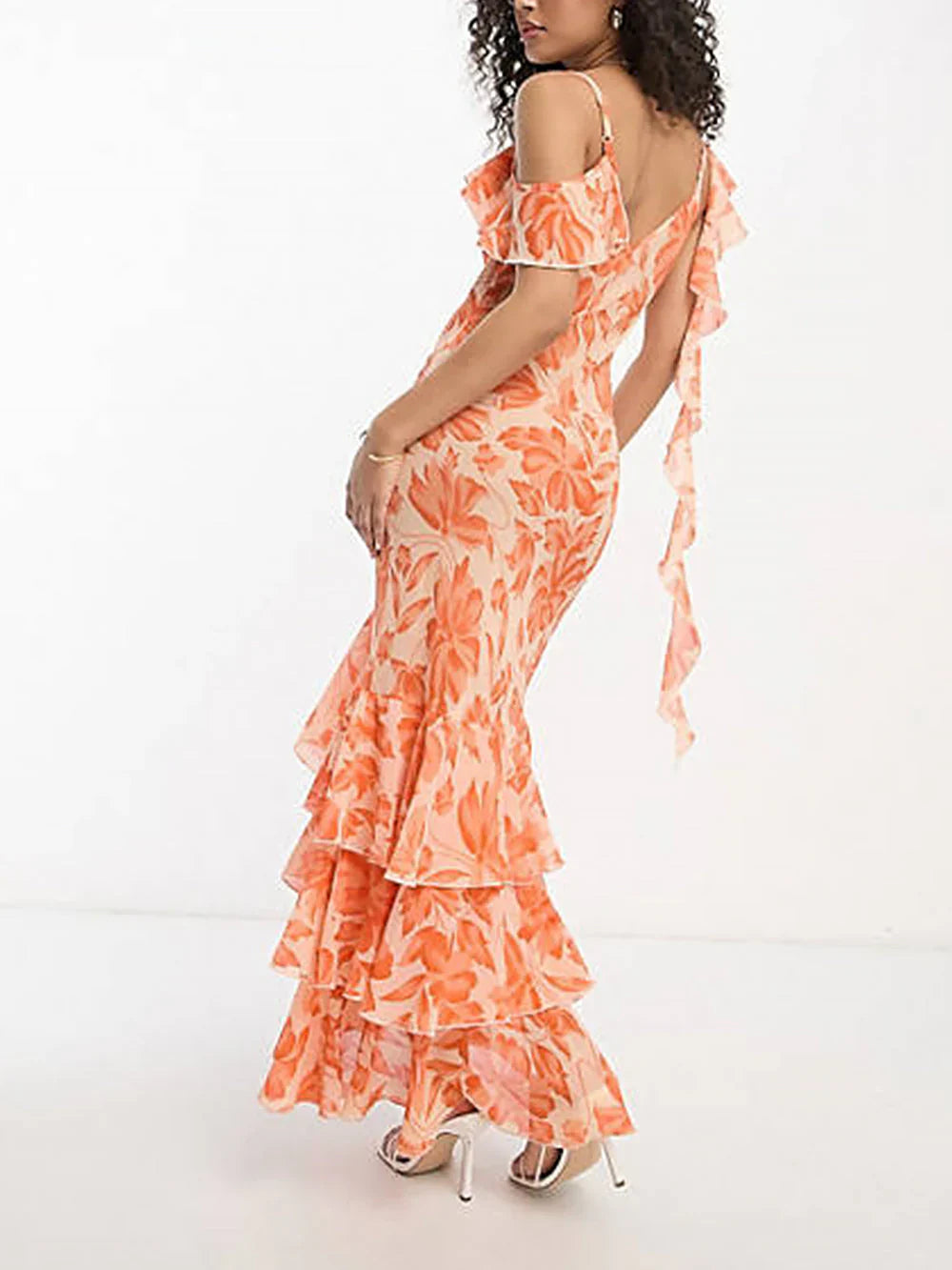 Isabelle – Oranje Maxi-Jurk Met Bloemenprint & Open Rug