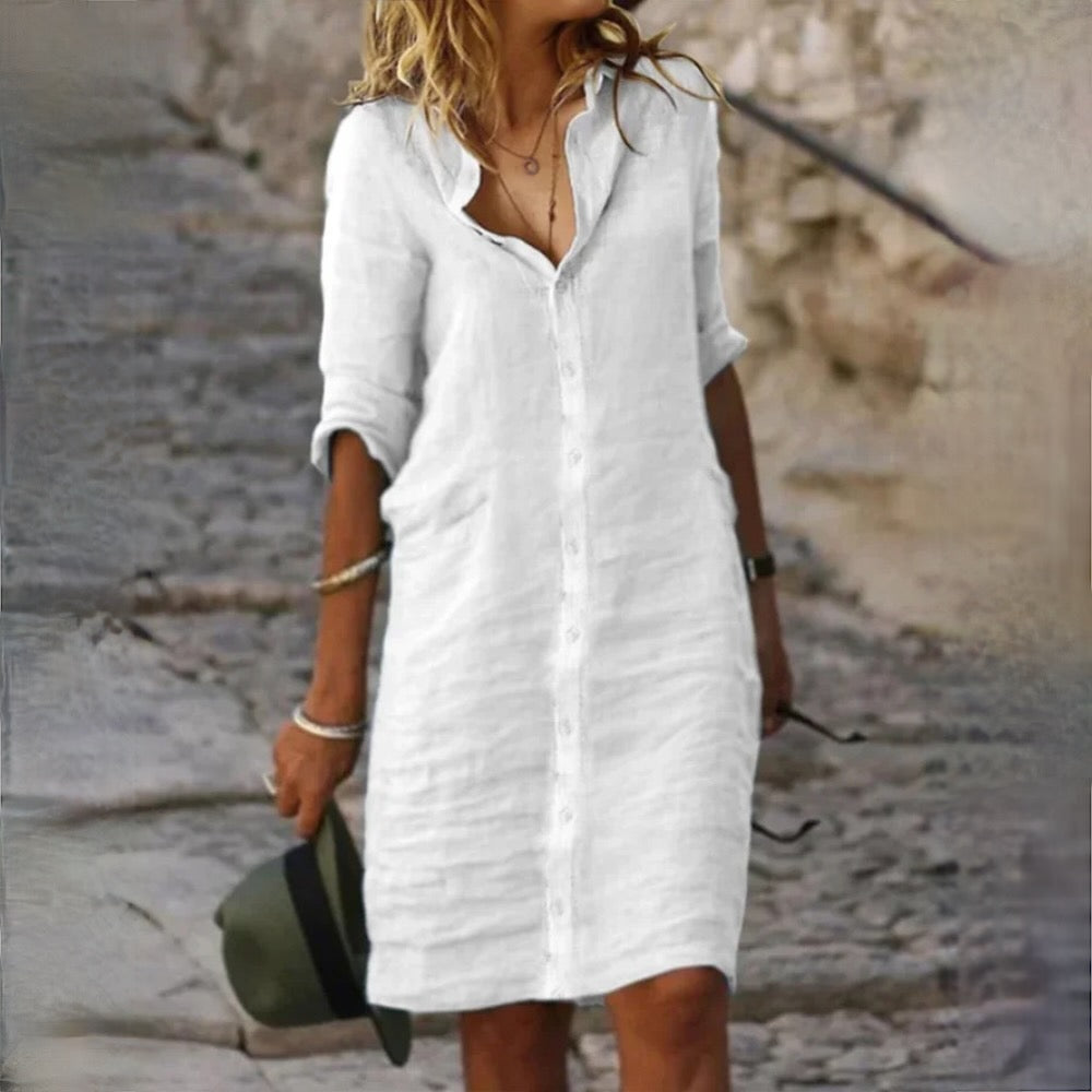 Lena – Katoenen Midi Blouse Jurk Met V-hals