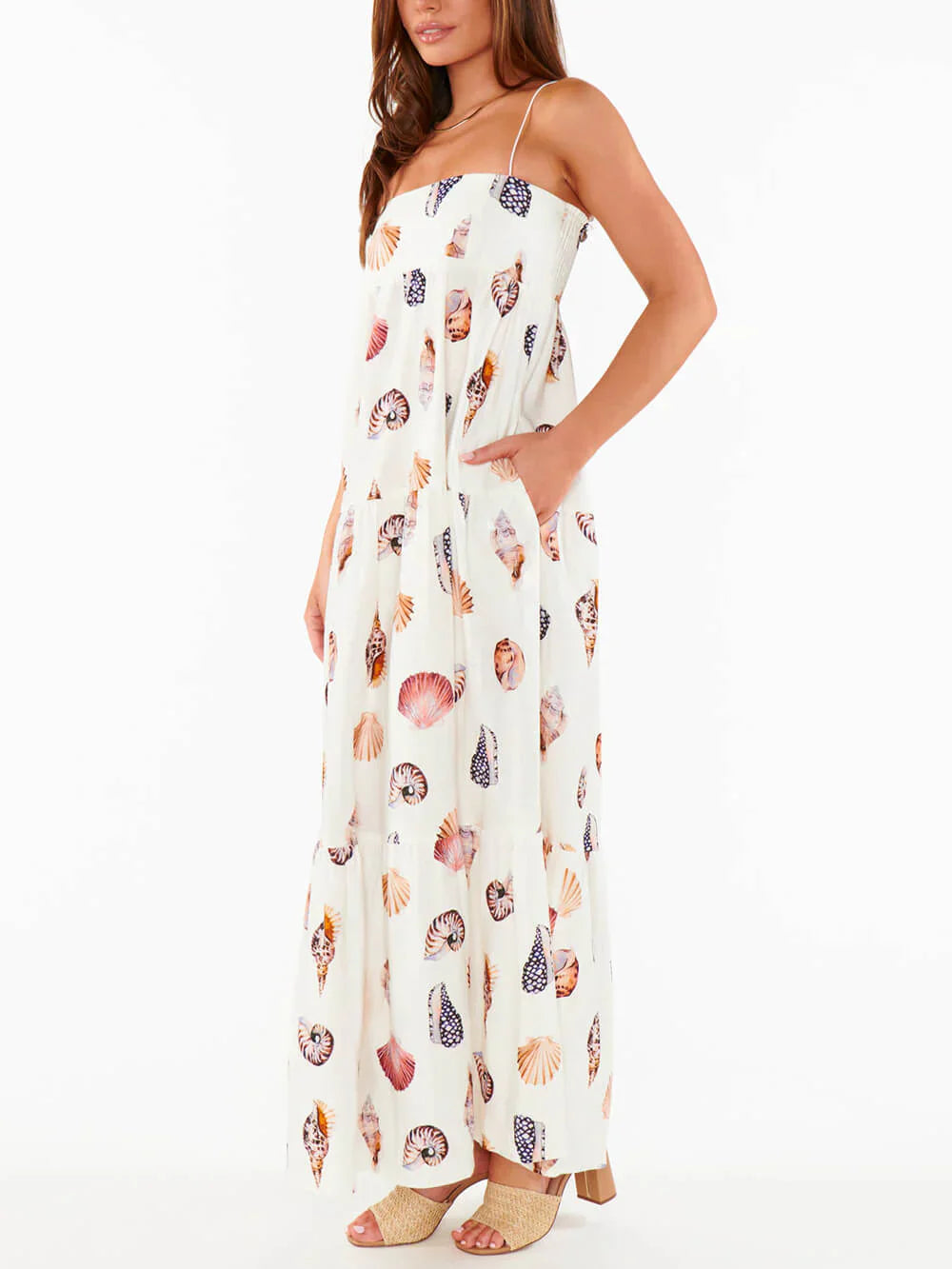Selena – Witte maxi-jurk Met Schelpenprint