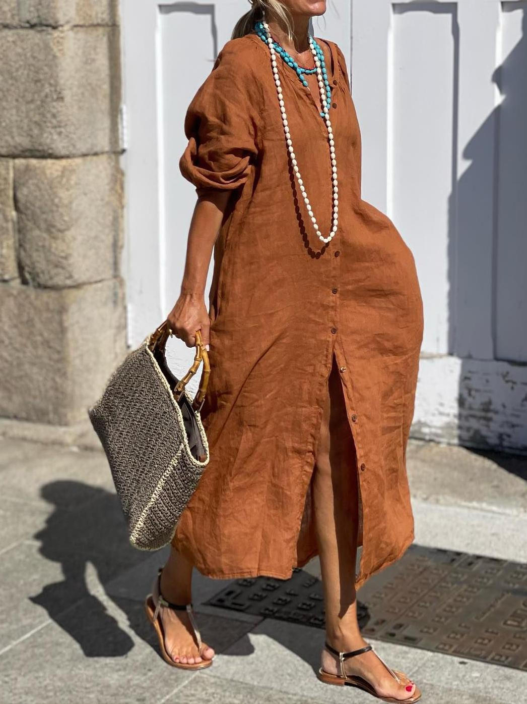 Sage – katoen-linnenmix Maxi Zomerjurk met Knoopsluiting En Mouwen
