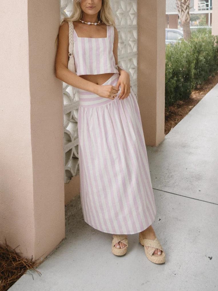 Lauren – Tweedelige zomer set met mouwloze vierkante has top met lange rok