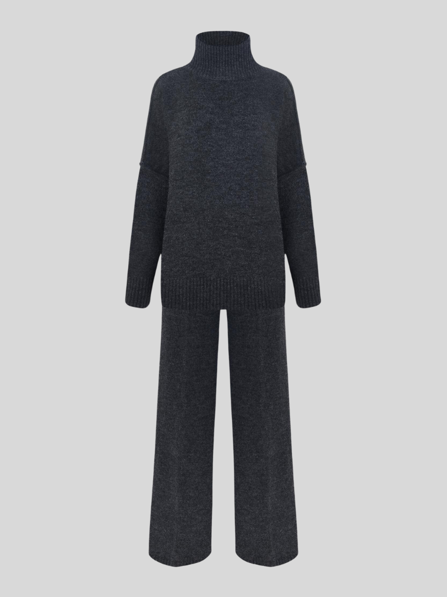 Hazel – lounge set van zachte knit met hoge col en wijde broek