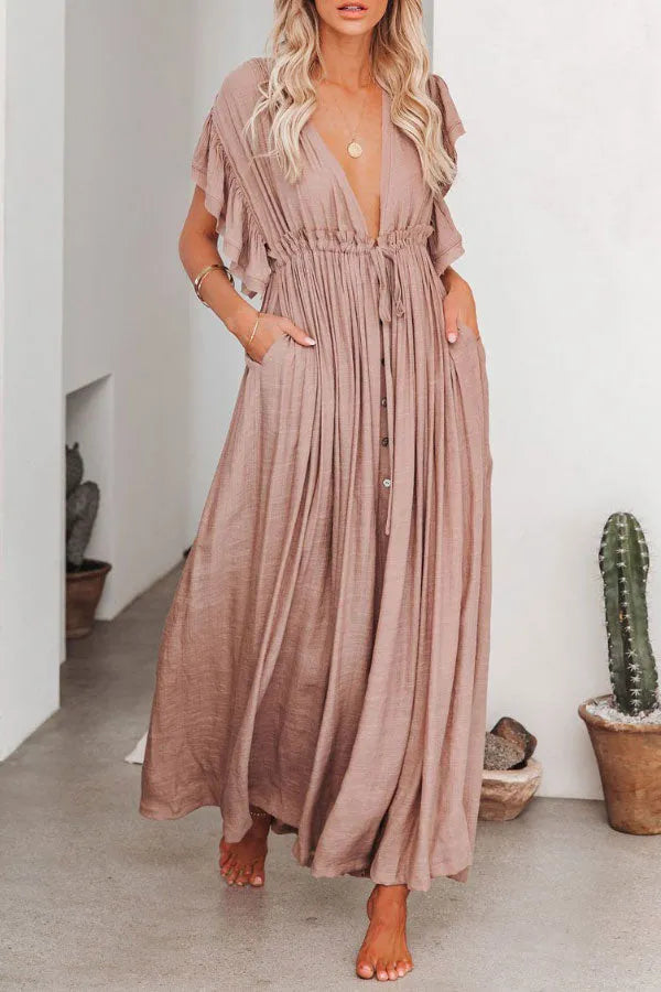 Margarita Ivory – maxi zomer jurk met delicate ruches en een subtiele glans