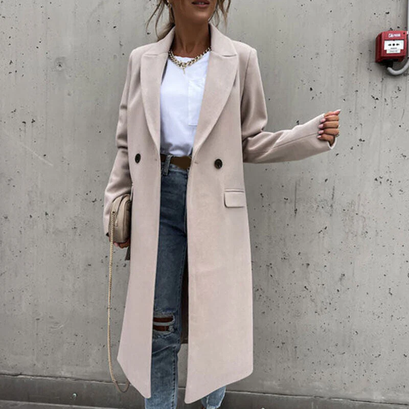 Elena – Lange Wollen Trenchcoat Met Revers En Dubbele Knopen