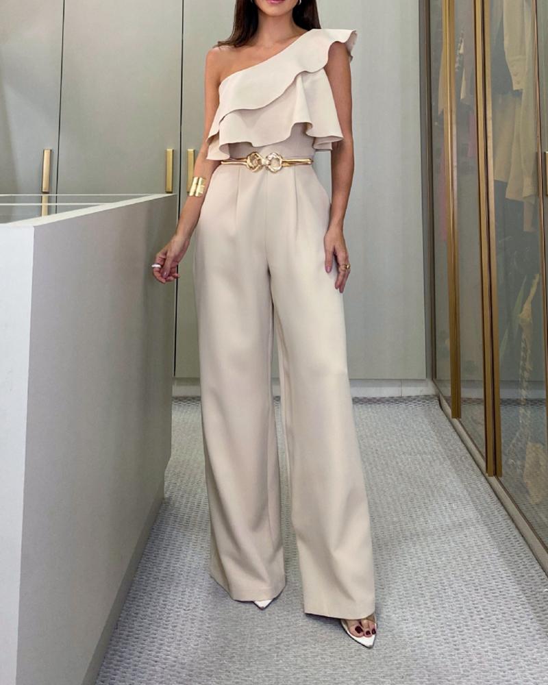 Sophia One-Shoulder Jumpsuit Met Ruches en Wijde Pijpen