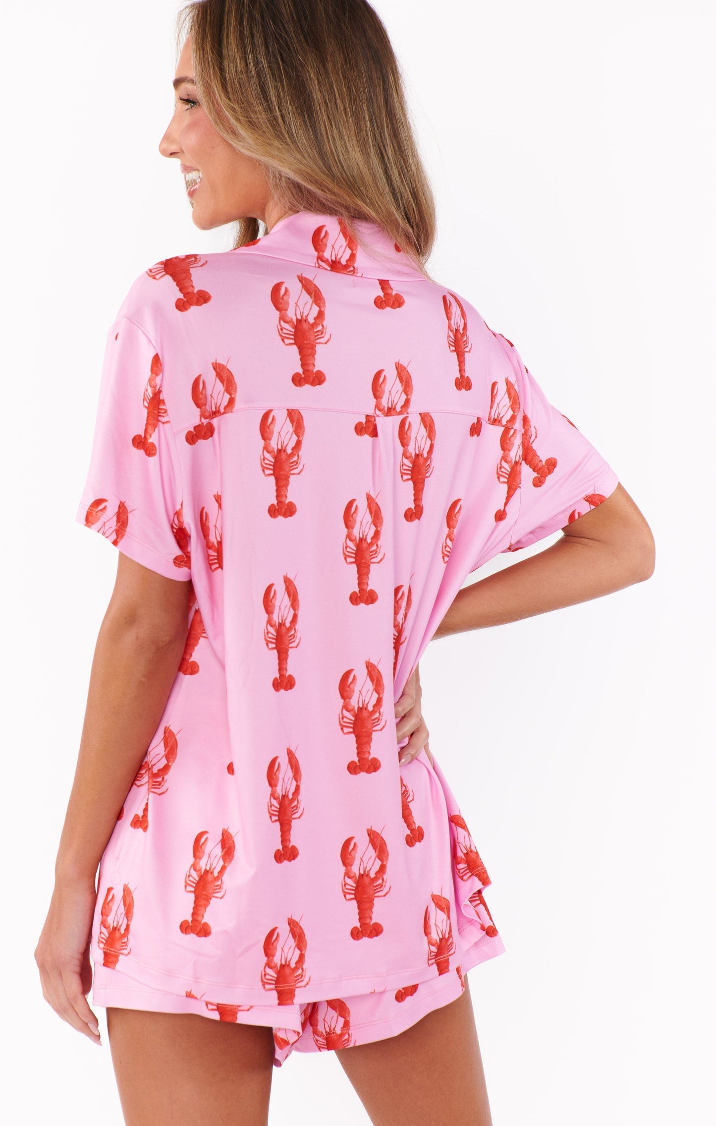 Lobbie – Roze dames pyjama set met kreeftenprint en zachte jersey stof