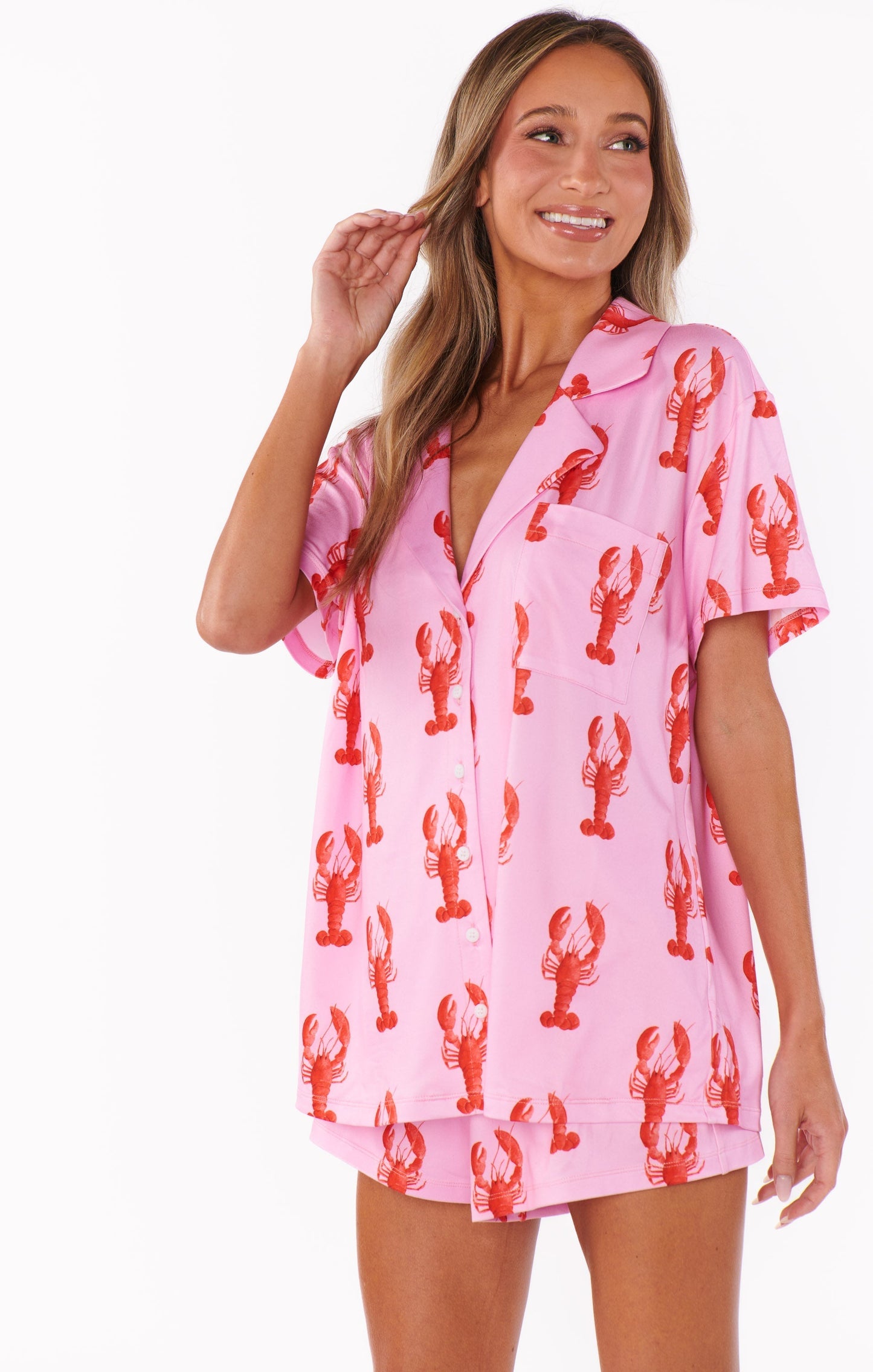 Lobbie – Roze dames pyjama set met kreeftenprint en zachte jersey stof