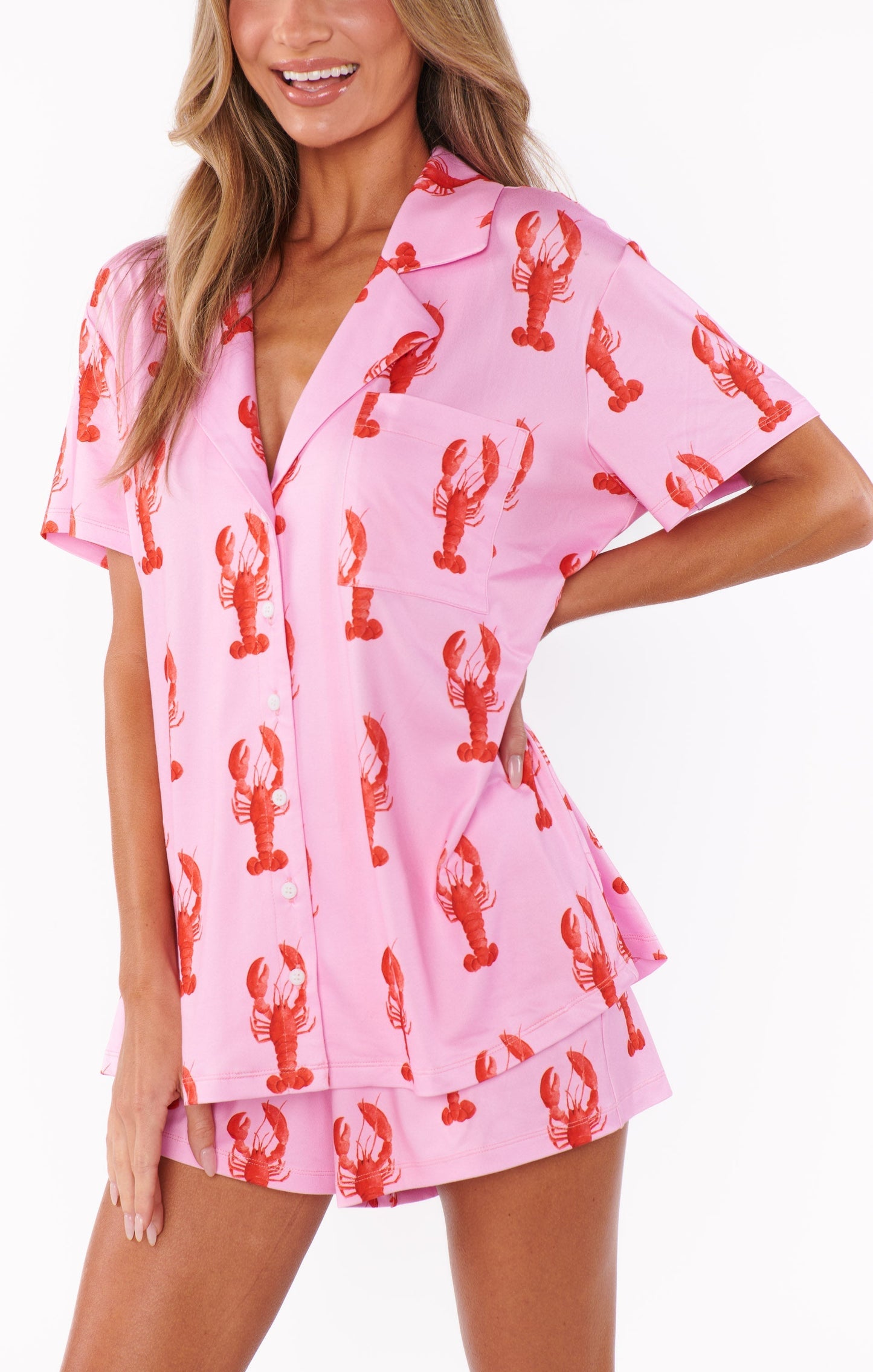Lobbie – Roze dames pyjama set met kreeftenprint en zachte jersey stof