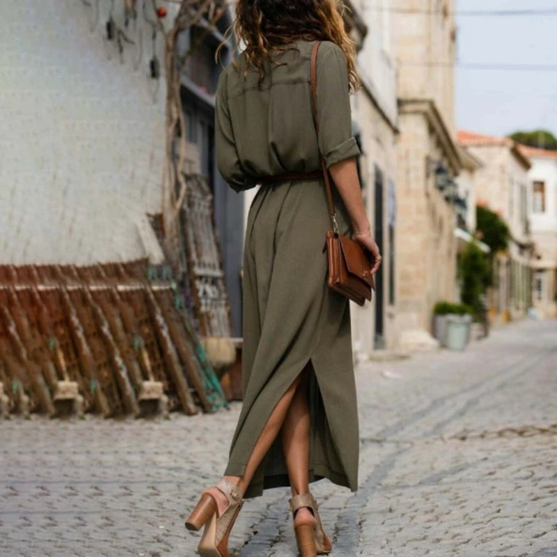 Sage – Midi Overhemd Jurk Van Viscose Met Ronde Hals En Tailleriem