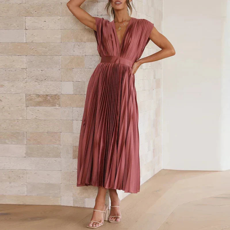 Elena – midi-jurk met plissé en V-hals in viscosemix