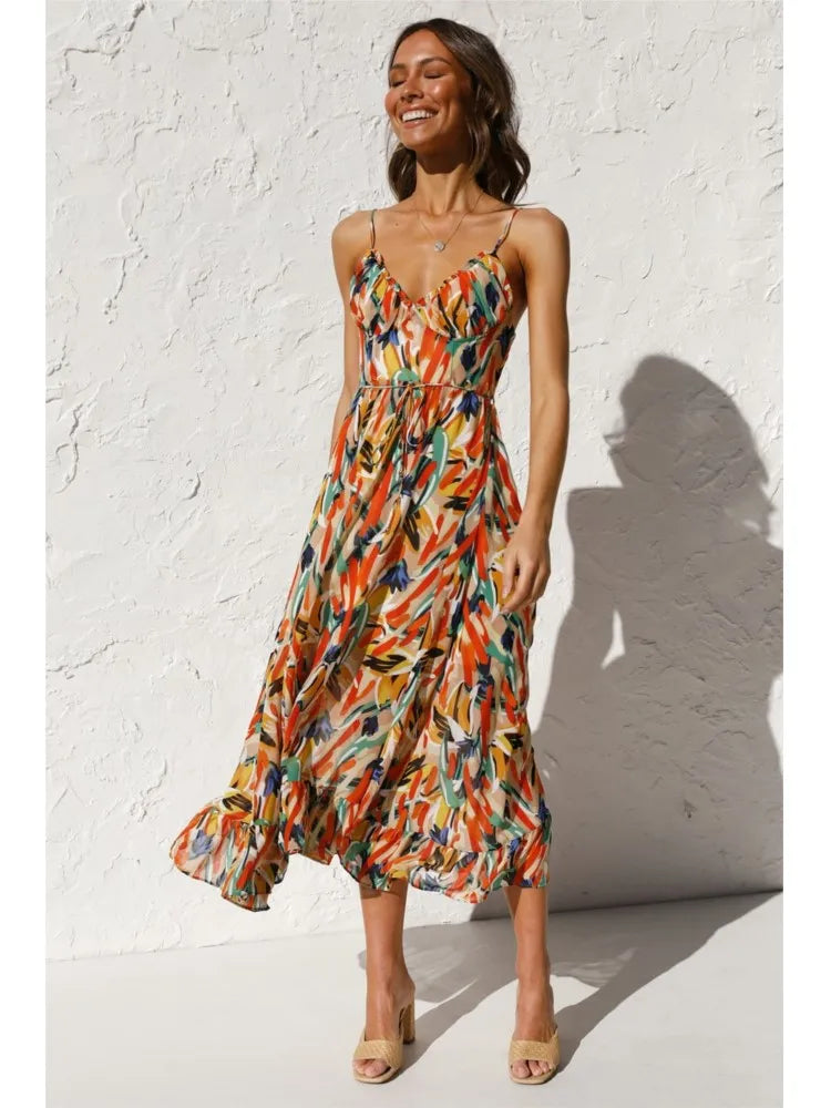 Faelia – Midi-jurk met kleurrijke print en korte mouwen