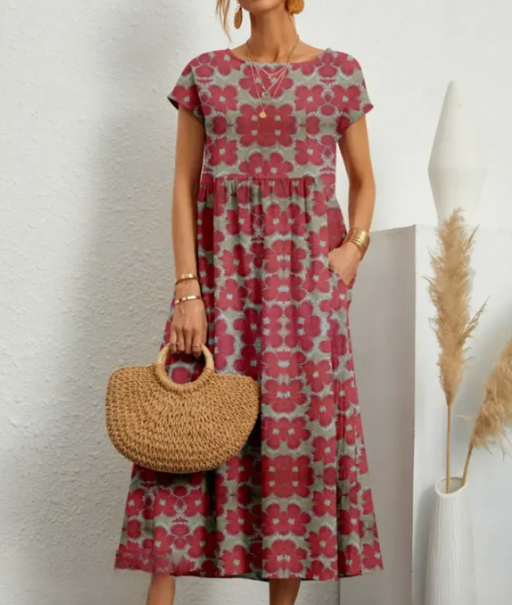 Virginia Bloom – Lichte midi-jurk met kleurrijke bloemenprint en A-lijn rok