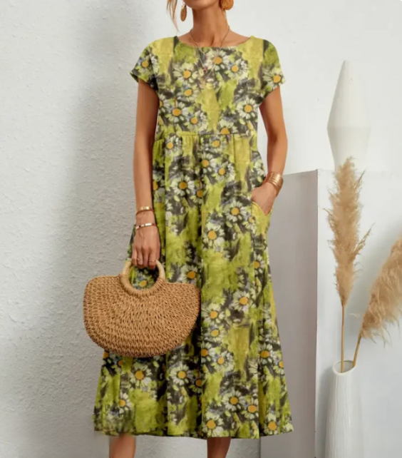 Virginia Bloom – Lichte midi-jurk met kleurrijke bloemenprint en A-lijn rok