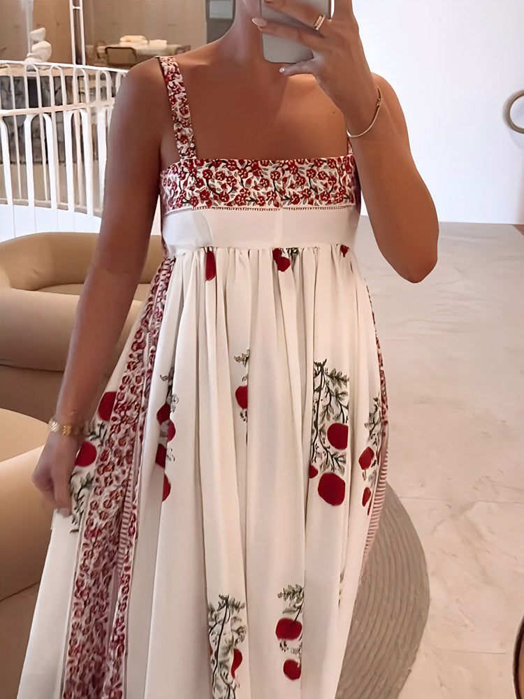 Sophie – Rosa Bloemenprint Maxi Jurk met Vierkante Halslijn