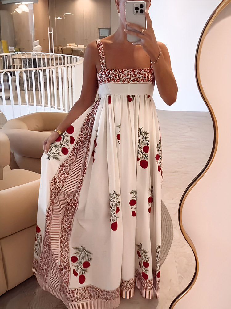 Sophie – Rosa Bloemenprint Maxi Jurk met Vierkante Halslijn