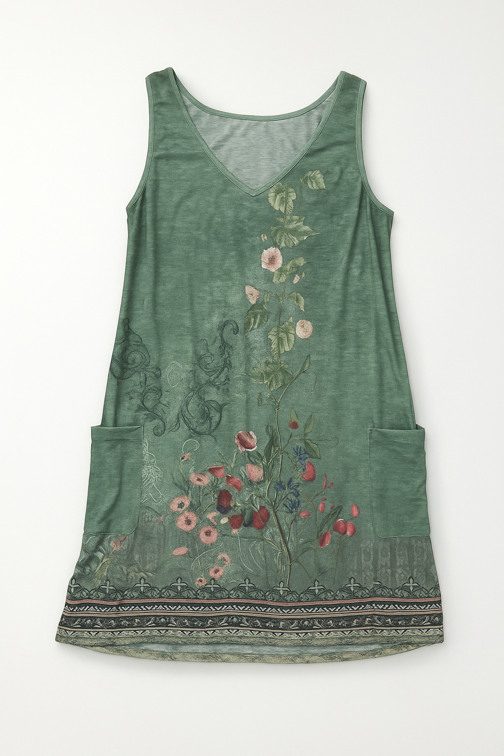 Ivy – Groene Mini Mouwloze Zomerjurk Met Diepe V-hals Bloemenprint