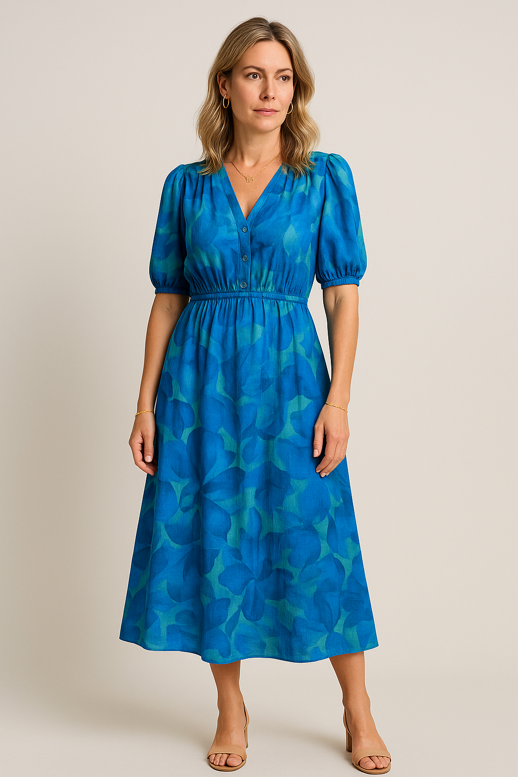 Aksel – Luchtige V-hals Zomerjurk Met Bloemenprint En Pofmouwen