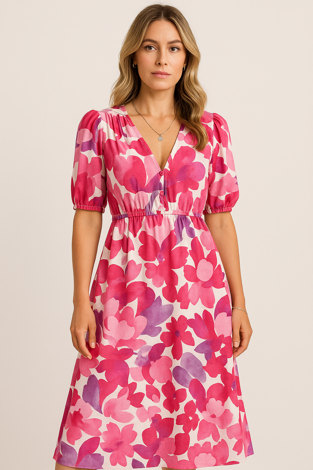 Aksel – Luchtige V-hals Zomerjurk Met Bloemenprint En Pofmouwen