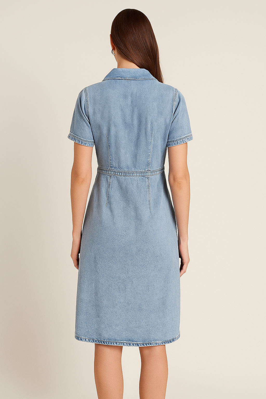 Eva – Blauwe Denim Jurk Met Knoopsluiting En Korte Mouwen