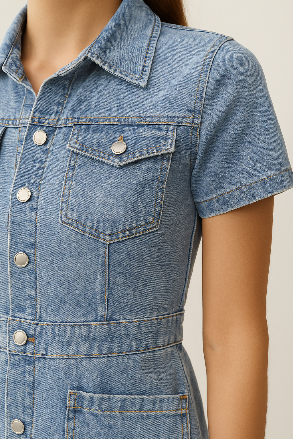 Eva – Blauwe Denim Jurk Met Knoopsluiting En Korte Mouwen