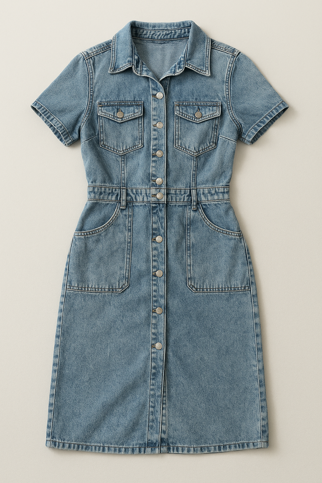 Eva – Blauwe Denim Jurk Met Knoopsluiting En Korte Mouwen