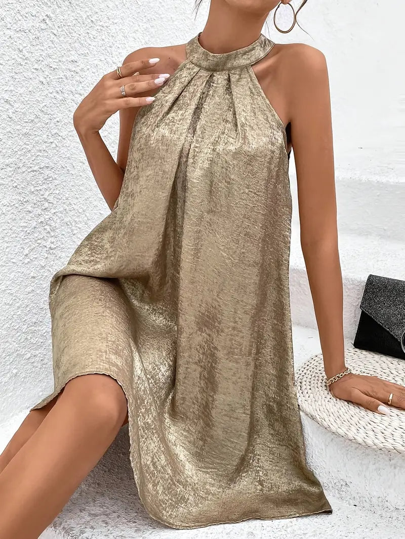 Elena – Gouden Mouwloze Halternek Midi Zomerjurk