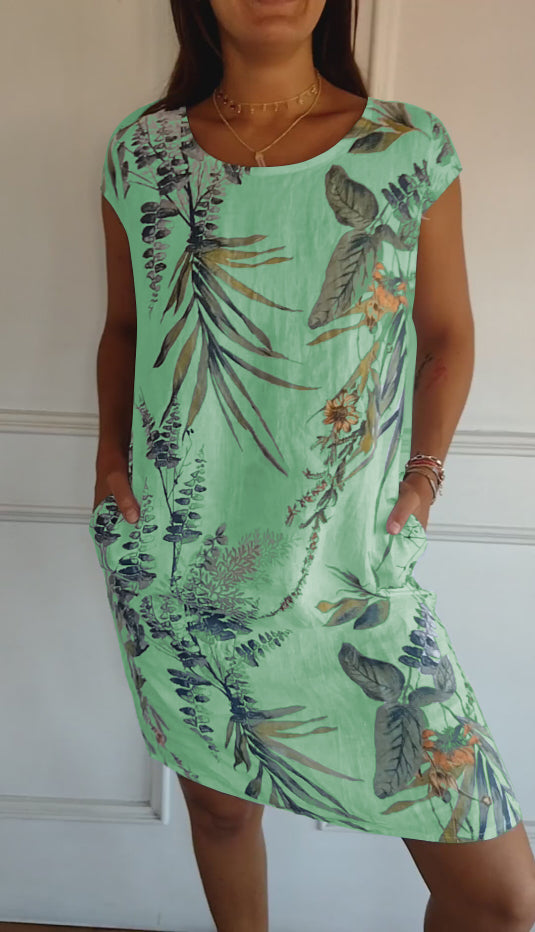 Joslyn – Luchtige Bloemenprint Midi Zomerjurk met Ronde Hals