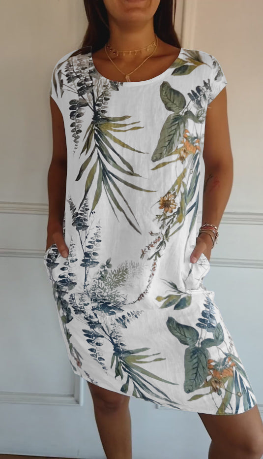 Joslyn – Luchtige Bloemenprint Midi Zomerjurk met Ronde Hals