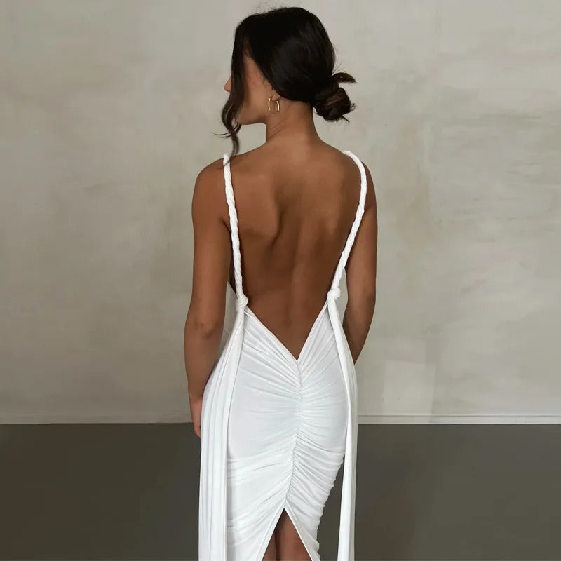 Clara – maxi jurk met diepe V-hals en elegante drapering